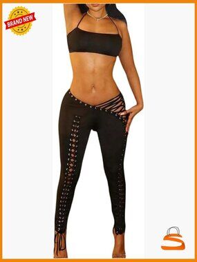 Sexy 2 Piece Outfits Y2K Halter Crop Top Lace Up Gothic Pants Set Rave Festival